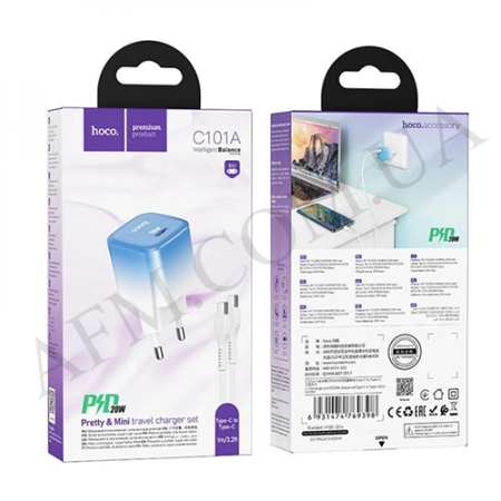 СЗУ блок Hoco C101A PD20W (1 Type-C) блакитний + кабель Type-C - Type-C