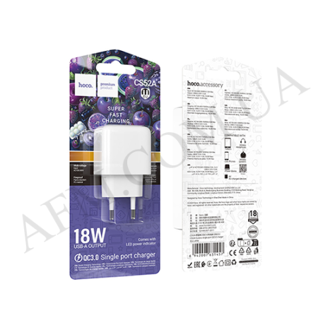 СЗУ блок Hoco CS52A QC3.0 (1USB/ 3.0A) білий