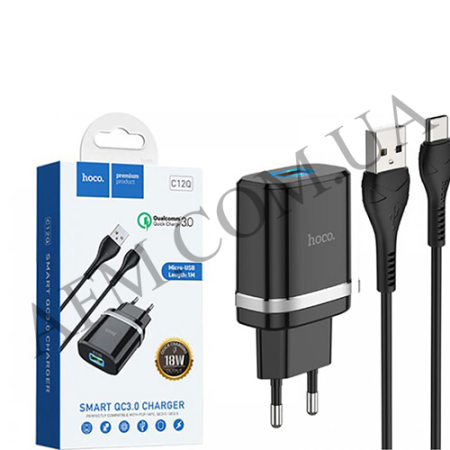 СЗУ блок Hoco C12Q (1USB/ 3A/ QC 3.0/ 18W) + кабель Micro USB чорний