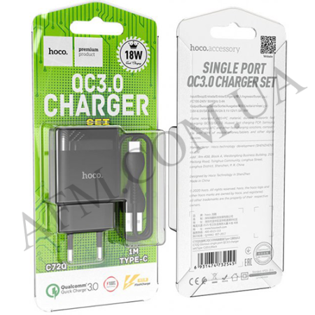СЗУ блок Hoco C72Q QC3.0 (1USB/ 3A) + кабель Type-C чорний
