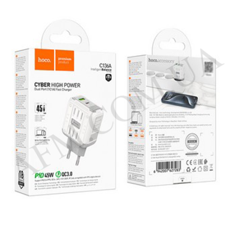 СЗУ блок Hoco C136A (1USB/ 1Type-C/ PD45W) белый