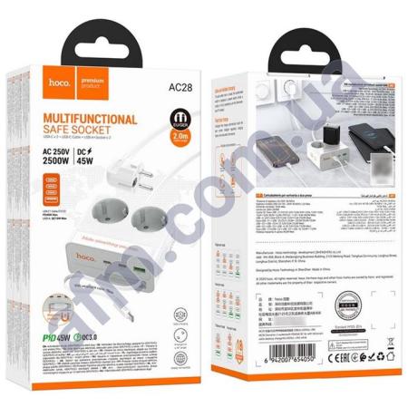 СЗУ блок Hoco AC28 PD45W (USB/ 3Type-C/ 2розетки) 2м білий
