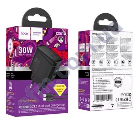 СЗУ блок Hoco CS61A PD30W+QC3.0 + кабель Type-C - Type-C чорний