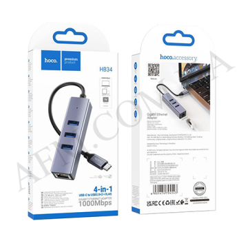 USB HUB Hoco HB34 (Type-C to USB3.0*3+RJ45) серый