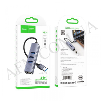 USB HUB Hoco HB34 (USB to USB3.0+USB2.0+RJ45) сірий