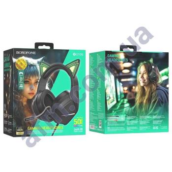 Навушники Borofone BO106 игровые Cute Cat зелена підсвічування чорні