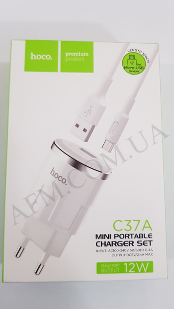 СЗУ блок Hoco C37A Thunder (1USB/ 2.4A) + кабель Micro USB білий