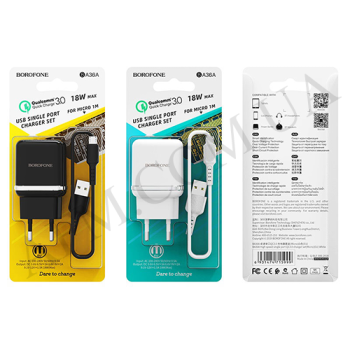 СЗУ блок Borofone BA36A QC3.0 (1USB/ 3A) + кабель Micro USB білий