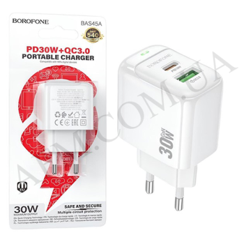 СЗУ блок Borofone BAS45A Gan PD30W + QC3.0 (1USB/ 1Type-C) белый