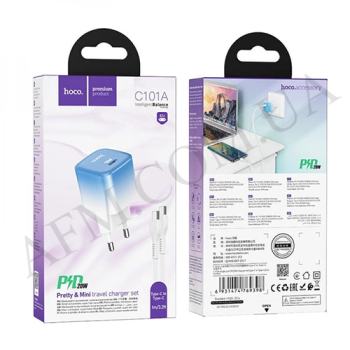 СЗУ блок Hoco C101A PD20W (1 Type-C) блакитний + кабель Type-C - Type-C