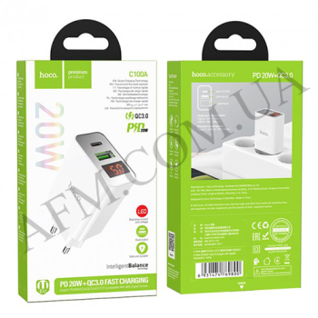 СЗУ блок Hoco C100A PD20W + QC3.0 (1USB/ 1 Type-C/ 3A) + дисплей білий