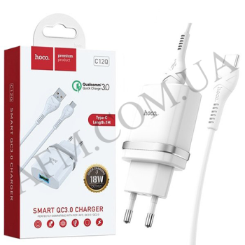 СЗУ блок Hoco C12Q (1USB/ 3A/ QC 3.0/ 18W) + кабель Type-C білий