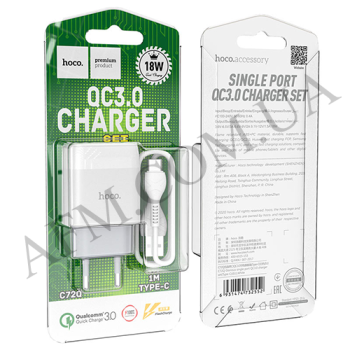 СЗУ блок Hoco C72Q QC3.0 (1USB/ 3A) + кабель Type-C білий