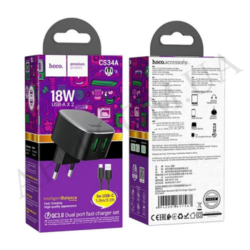СЗУ блок Hoco CS34A QC3.0 (2USB) + кабель Type-C чорний