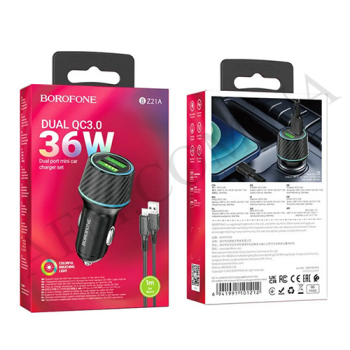 АЗП блок Borofone BZ21A QC3.0 36W (2USB/ 3.0A) + кабель Micro USB чорний