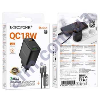 СЗУ блок Borofone BA95A QC3.0 + дисплей та кабель Micro чорний