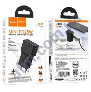 СЗУ блок Hoco AC24 Mini Universal Travel PD25W+QC3.0 (EU/ US/ UK/ AUS) чорний