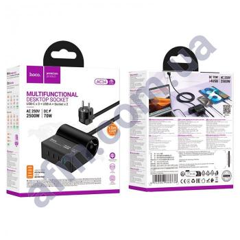СЗУ блок Hoco AC34 Win PD70W+QC3.0/ 2500W (3Type-C/ USB/ EU) 2 розетки 1.5м чорний